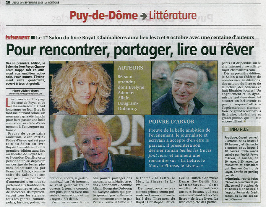 La Montagne 26 septembre 2013, article annonçant le salon du Livre de Royat Chamalières